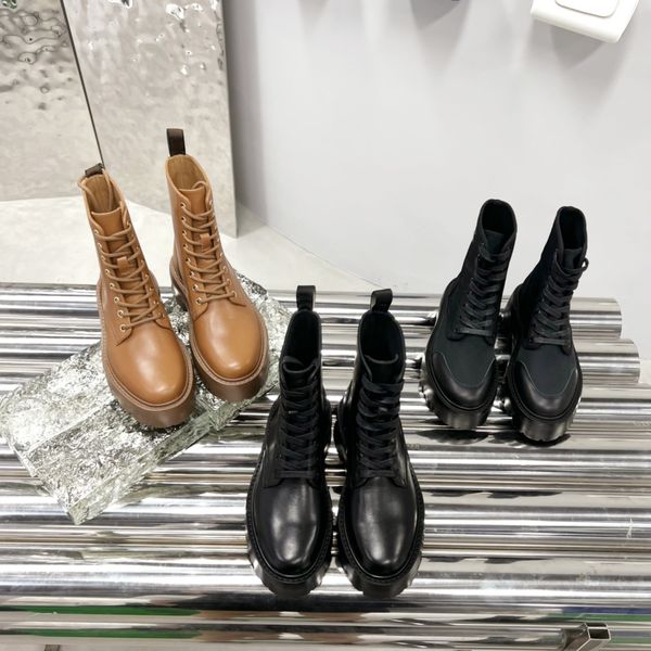 

2022 new british style designer women ankle boots simple pure color leather fabric lace-up thick soled high-casual shoes outdoor platform vi, Black