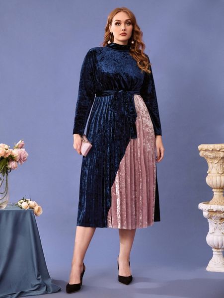 

plus mock neck colorblock pleated belted velvet dress 71u1#, Black