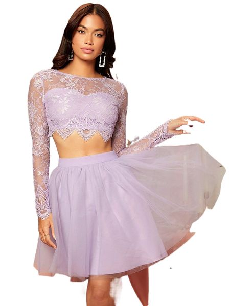 

crop lace & mesh skirt set d4u1#, White