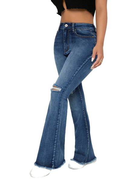 

high waist ripped raw trim flare leg jeans m9wt#, Blue