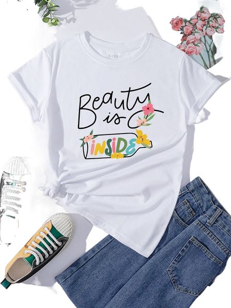 

floral and slogan graphic tee r4lb#, White