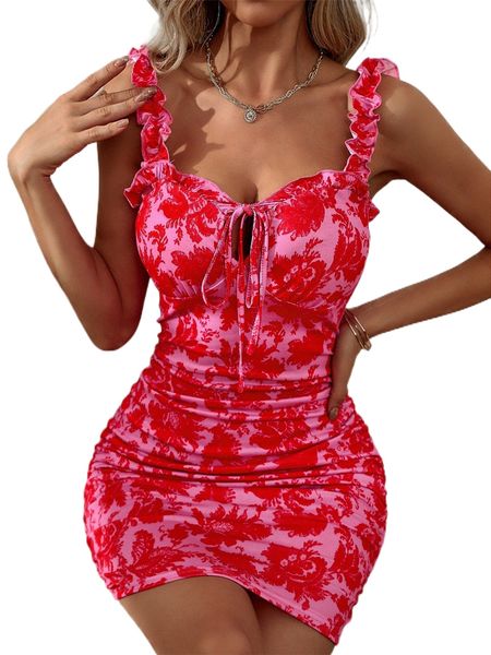 

allover floral print knot front frill trim bodycon dress 85bi#, Black;gray
