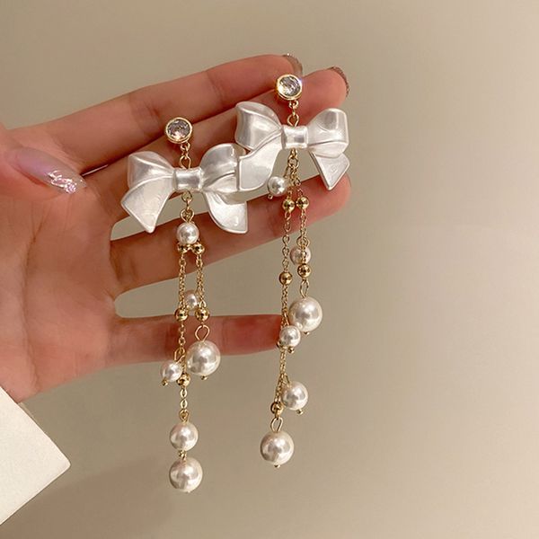 

french romantic simple diamond inlaid bow pearl tassel earrings for women korean fashion dangle earring birthday party jewelry gifts, Silver