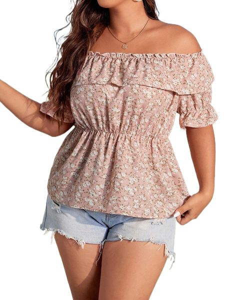 

plus ditsy floral off shoulder ruffle trim puff sleeve blouse q5ez#, Black