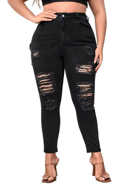 

plus high waist ripped skinny jeans k4d4#, Blue