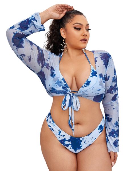 

plus 3pack tie dye halter bikini swimsuit 00bh#, White;black