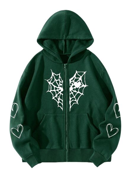 

spider web & heart print zipper thermal hoodie z9nt#, Black
