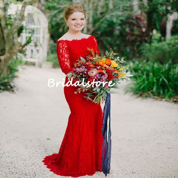 Elegante abito da sposa rosso Boho in pizzo 2022 Chic con spalle scoperte Manica lunga Sirena Abiti da sposa Civile Hippies Gotico Sposa Paese Sposa Bohemien Robe De Mari￩e