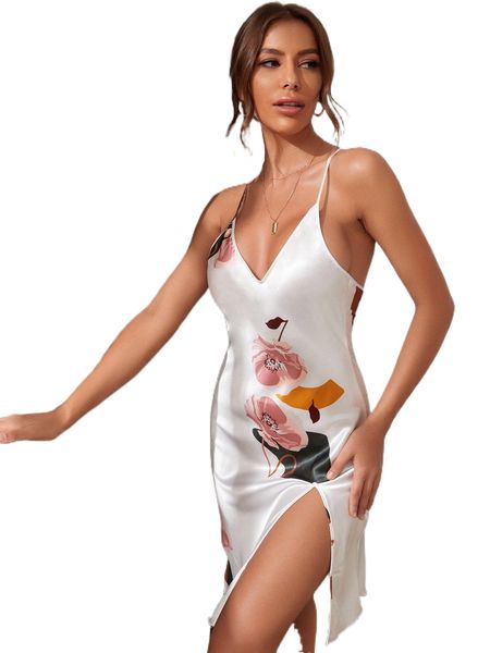 

floral print criss cross back satin night dress k248#, Black;red