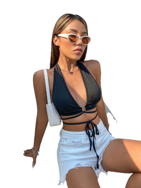 

o-ring detail crisscross tie front backless halter v74d#, White