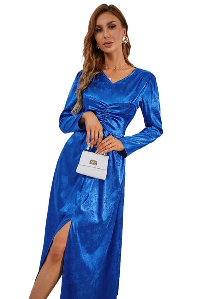 

jacquard ruched front split thigh satin dress n7ha#, Black;gray