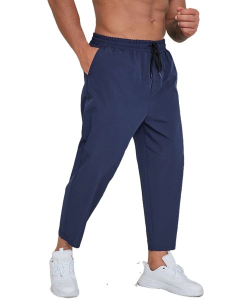 

extended sizes men solid drawstring waist pants q078#, Black