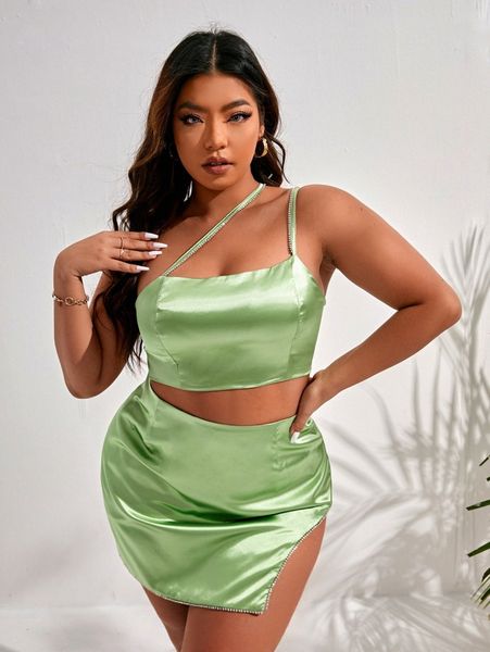 

sxy plus satin one shoulder zipper back crop with asymmetrical skirt 63ah#, Black