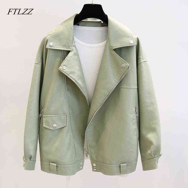 

ftlzz new spring faux leather pu jacket women loose bf coat female turndown collar moto biker rivet zipper vintage street jacket l220728, Black