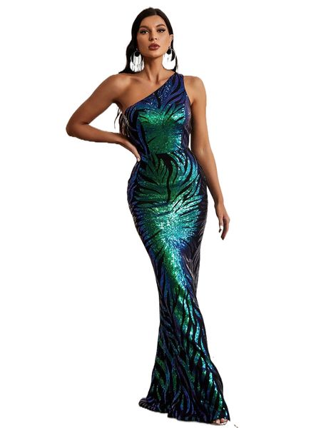 

one shoulder holographic sequin formal dress u53u#, Black;gray