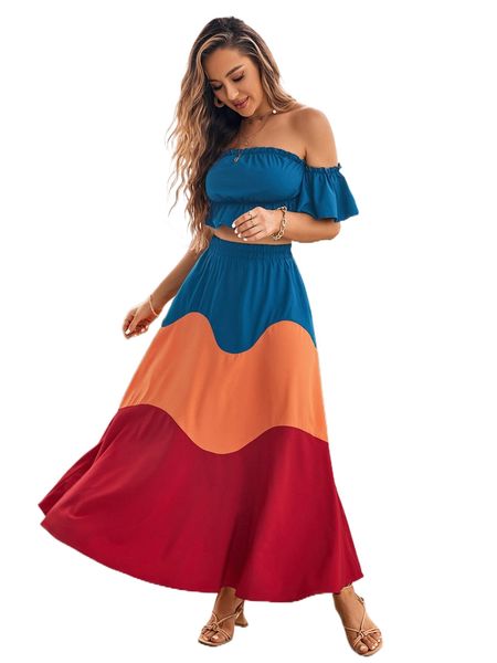 

off shoulder frill trim & colorblock skirt 96u9#, White