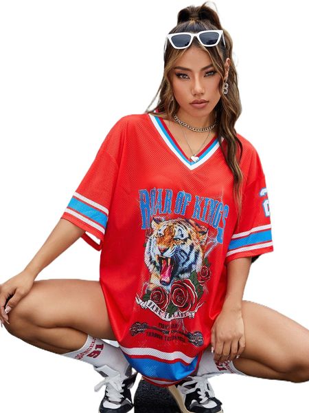 

tiger & letter graphic striped trim drop shoulder dress a131#, Black;gray