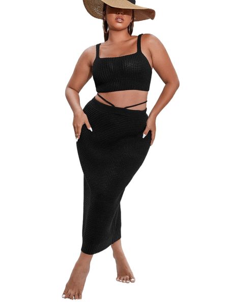 

plus plain knitted cover up with skirt set m2eu#, Black