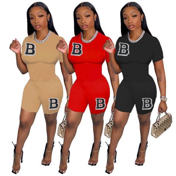 

wholesale tracksuits women jogging suits summer outfits b letters short sleeve t shirt shorts two piece set casual matching sports suits 726, Gray