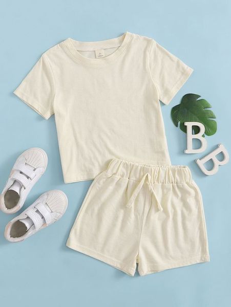 

little girl plain t-shirt with knot sports shorts she, White
