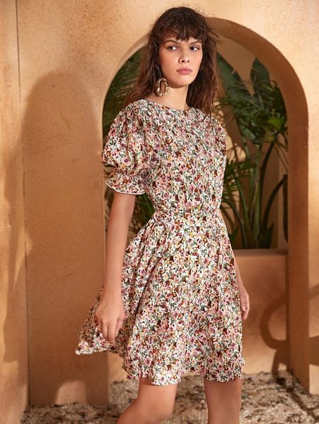 

floral shirred puff sleeve dress p36w#, Black;gray