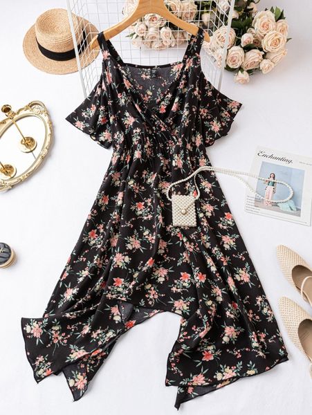 

plus floral print cold shoulder dress o69s#, Black