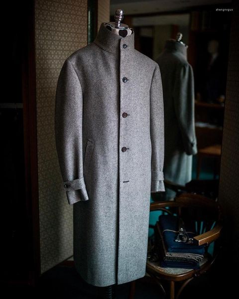Misto lana da uomo Autunno Inverno Cappotto grigio formale Cappotto caldo Abbigliamento Colletto rovesciato Giacca ampia Maniche lunghe Realizzato su misura