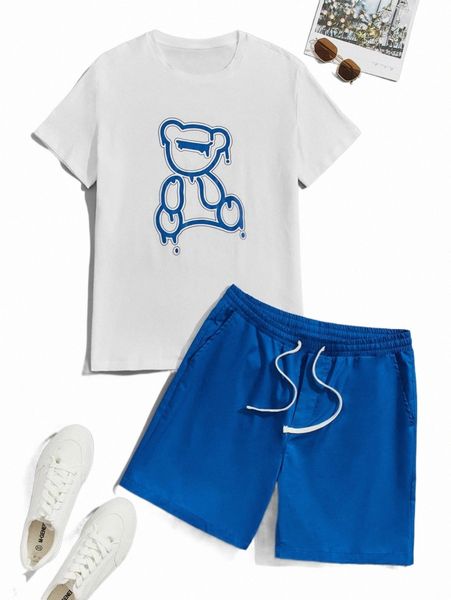 

men bear print tee & drawstring waist shorts t979#, Gray