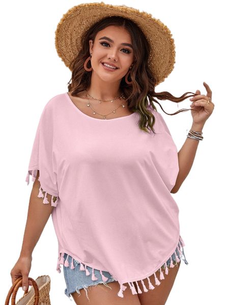 

plus fringe trim batwing sleeve tee j3m9#, Black
