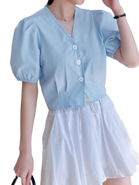 

dazy button front puff sleeve blouse g3m2#, White