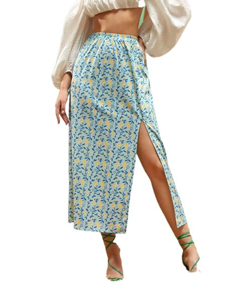 

x marta cons allover floral print split thigh skirt c07f#, Black
