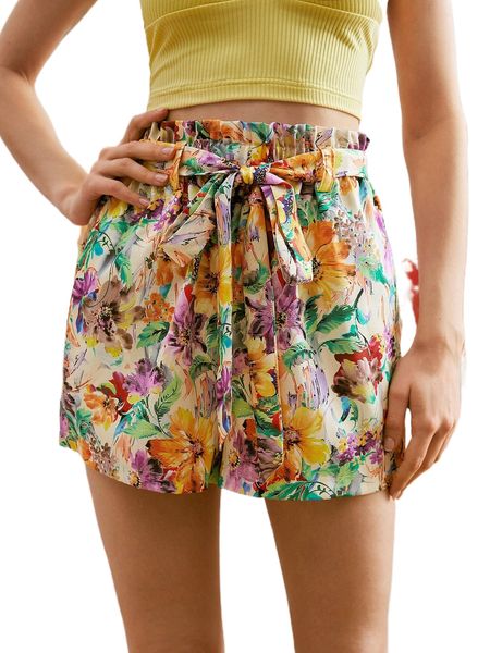 

floral print paper bag waist belted shorts d3ne#, White;black
