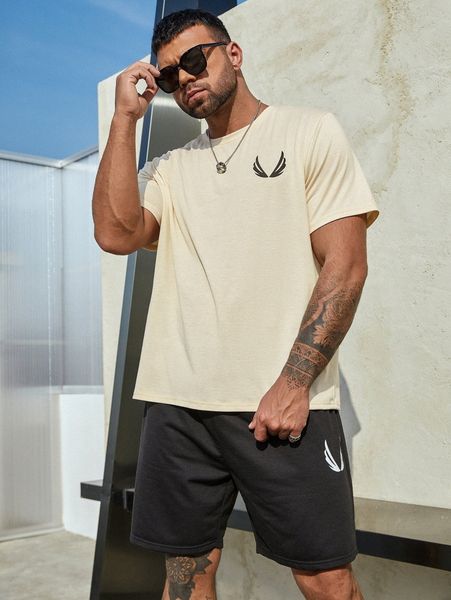 

extended sizes men graphic tee & drawstring waist shorts 02qn#, Gray