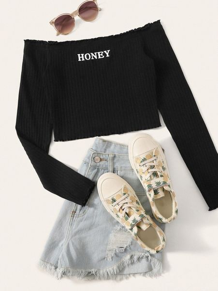 

off shoulder honey graphic rib-knit r0k7#, White