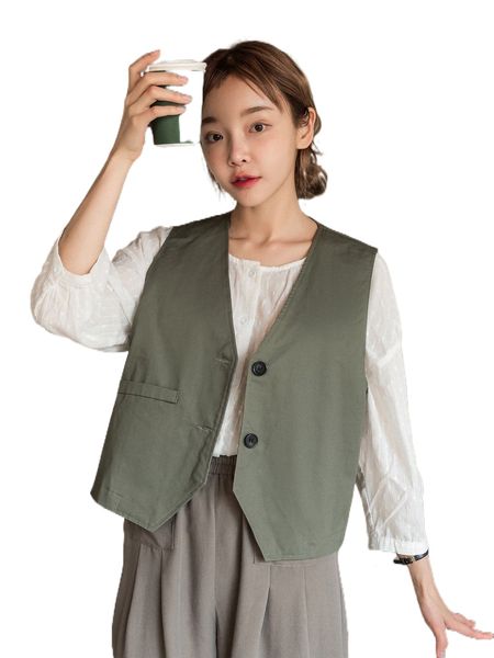 

dazy strap back button up vest jacket r4pu#, Black;brown