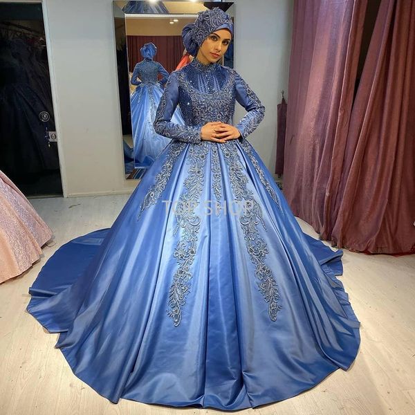 2022 artı boyutu Arap Müslüman Mavi Dantel Boncuklu Gelinlik Yüksek Boyun Uzun Kollu Gelin Elbiseler Saten Gelinlik