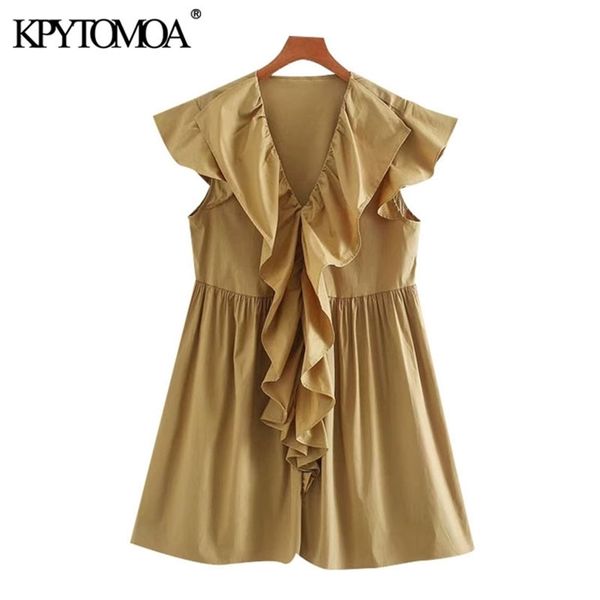 

kpytomoa women chic fashion ruffled pleated mini dress vintage v neck sleeveless female dresses vestidos mujer t200613, Black;gray