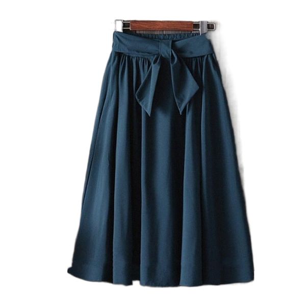 

skirts solid a-line summer midi skirt elastic waist with belt knee-length women fashion loose daily casual jupe femme u7pn#, Black