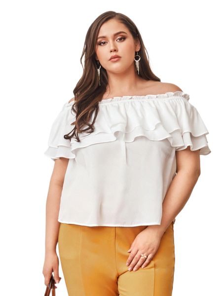 

plus off shoulder layered ruffle trim blouse m03r#, Black