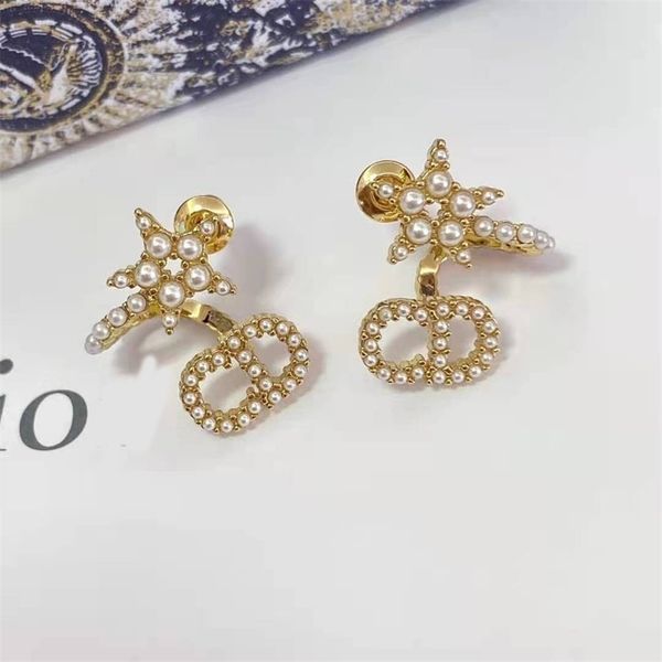

the new 70% off star cd letter pearl temperament advanced sense versatile 925 silver anti allergy earrings, Golden