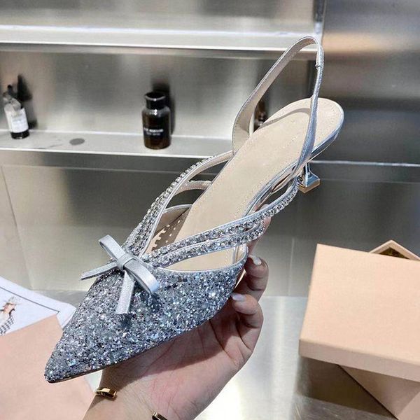 

fashion-summe sandals crystal pointed toe pumps women shallow mouth bowknot decor slingback sandal temperament ladies spring party, Black