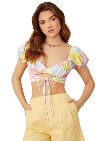 

tie dye shirred back puff sleeve tie front crop y3ar#, White