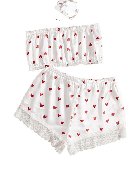 

heart print bandeau satin lingerie set x2dk#, Black;red