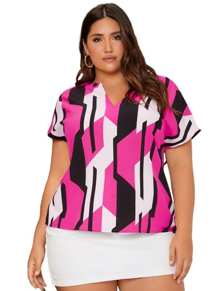 

plus geo print colorblock dolman sleeve notched neck blouse 48ba#, Black