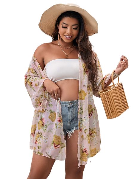 

plus floral print open front kimono 15qj#, Black;gray