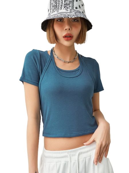 

dazy solid 2 in 1 rib knit crop halter tee i6iv#, White