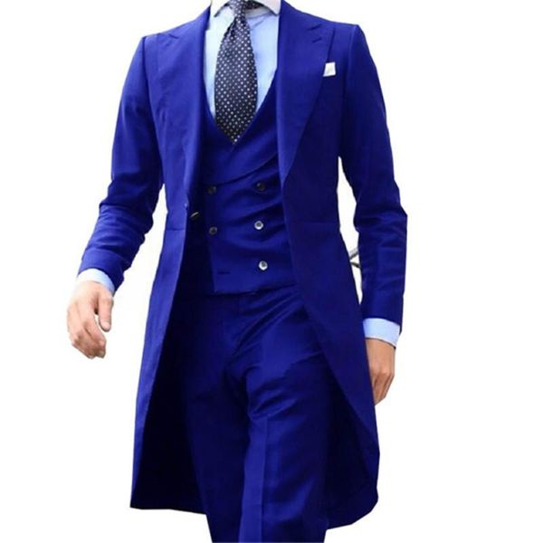 Ternos masculinos Blazers Azul Royal Men Formal 3 Peças Casaco de cauda longa Coloque com calças Costumes de moda de lapela de lapela.