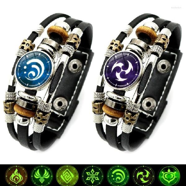 Cadeia de link Genshin Impact Leather Tolo Luminous Bracelet Eye of God Water Wind Thunder Fire Rock 7 Snap Button Anime