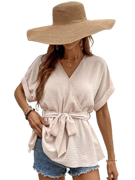

batwing sleeve peplum belted blouse i2ri#, White