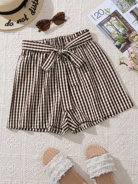 

gingham wide leg belted shorts i6bn#, White;black